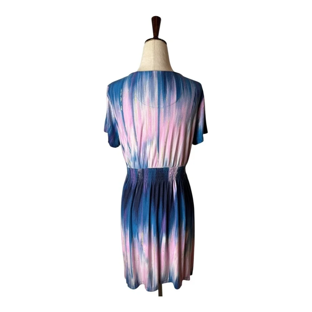 Soma Nightgown Women Medium Blue Pink Tie Dye‎ V Neck Smocked Waist Sleep Shirt